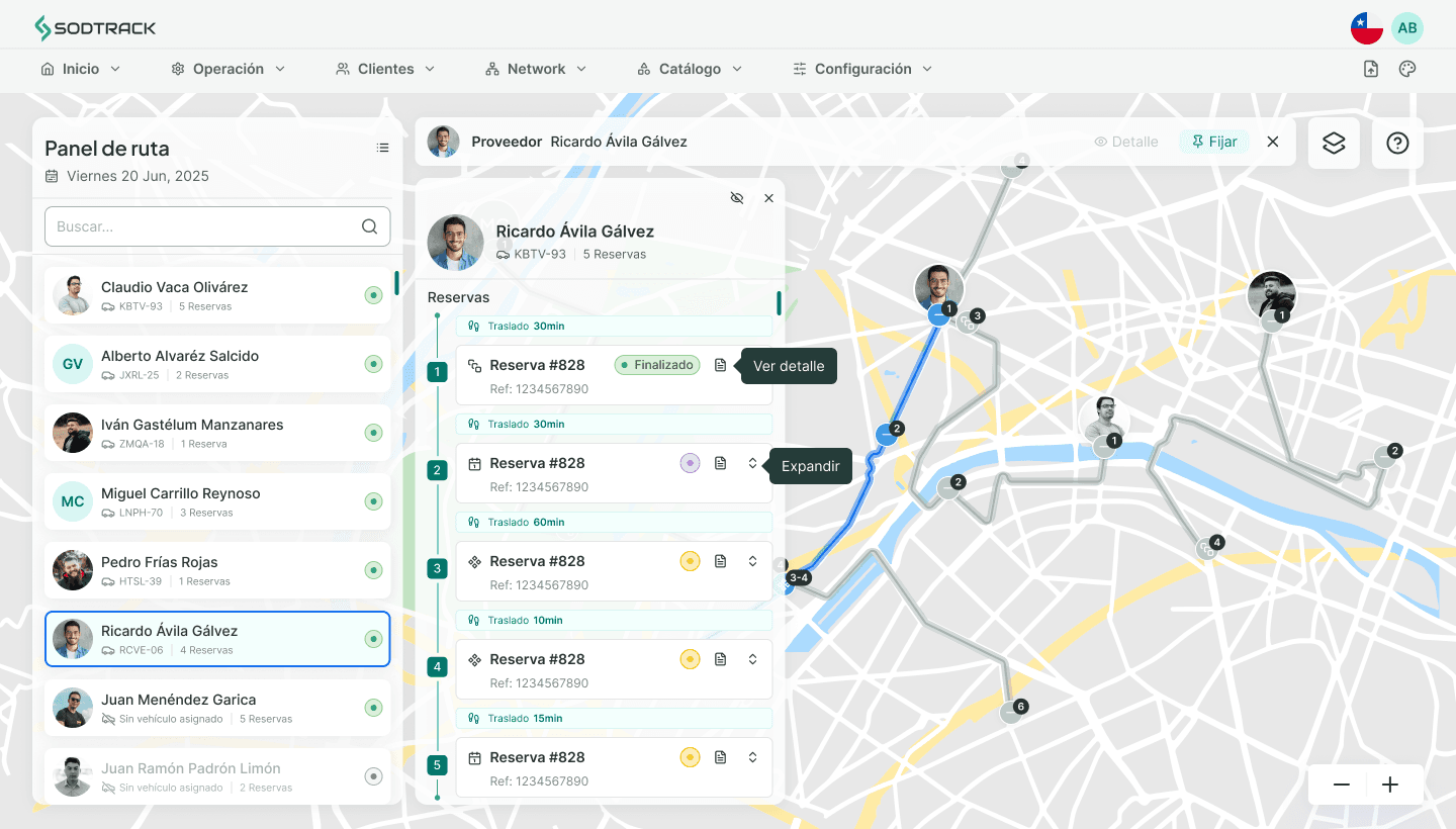 Panel de despacho de Sodtrack con planificación de rutas, lista de técnicos, reservas de trabajos y mapa en vivo