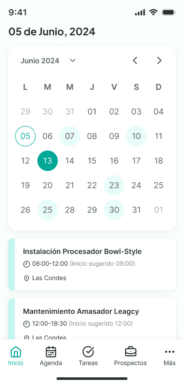 App móvil Sodtrack con calendario e interfaz de programación de trabajos